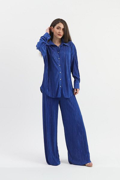VAPUR TEKSTİL SaksBlue Knitted Pleated Set - Button Detailed