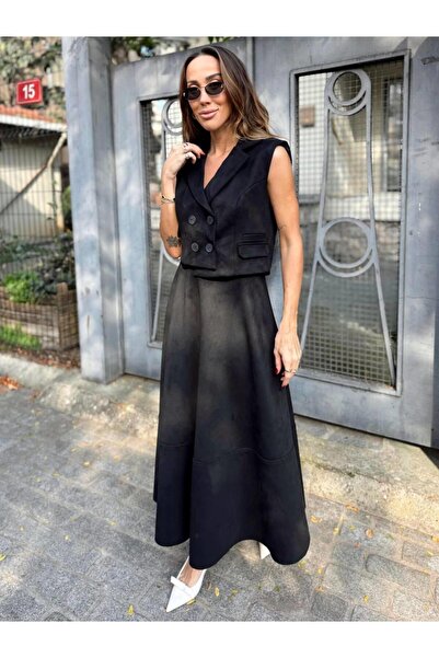 Maldia Shop Women's Suede Fabric Black Crop Vest 3406