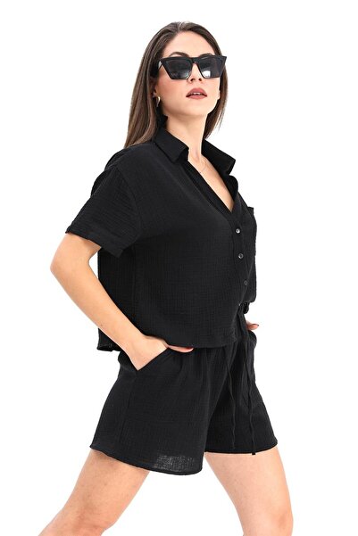 VAPUR TEKSTİL Black Muslin Set Shirt and Shorts