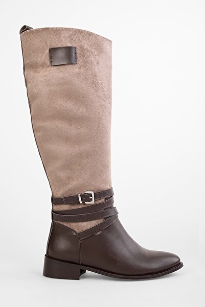 Shoeberry Women's Trinket Brown Beige Skin Double Colored Buckle Boots