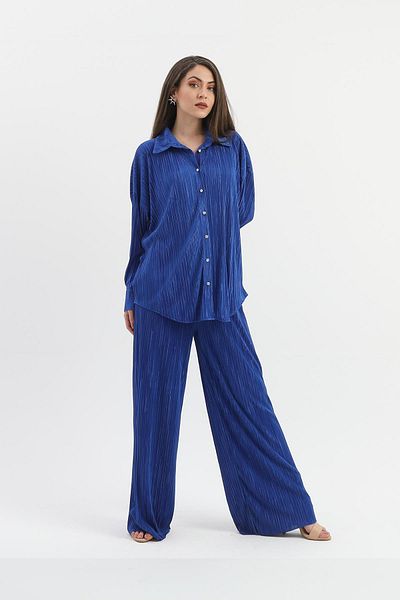 VAPUR TEKSTİL SaksBlue Knitted Pleated Set - Button Detailed