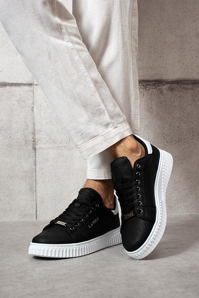 L.A Polo Black Color White Detailed Lace up Men's Sneakers