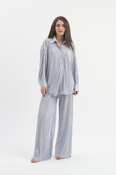 VAPUR TEKSTİL Gray Knitted Pleated Set - Button Detailed