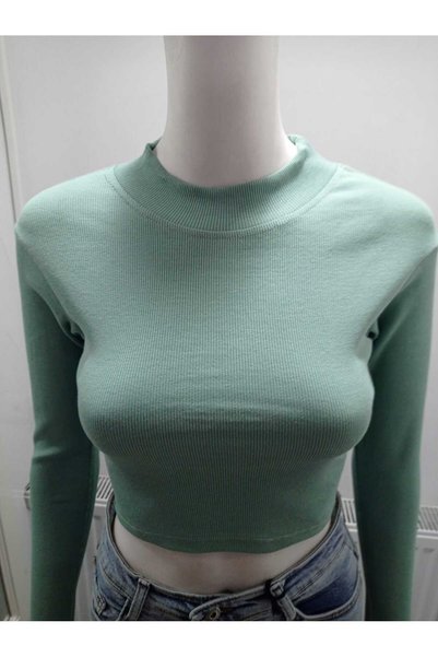 LADY HAZAL Moss Green Ribbed Half Turtleneck Camisole Crop Body Darkalıp Long Sleeve Knitted Blouse