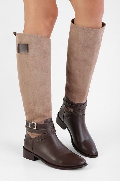 Shoeberry Women's Trinket Brown Beige Skin Double Colored Buckle Boots