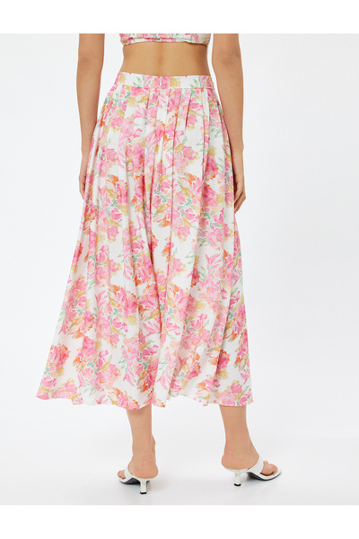 Koton Long A-Line Skirt - Floral Pattern, Pleated and Slit