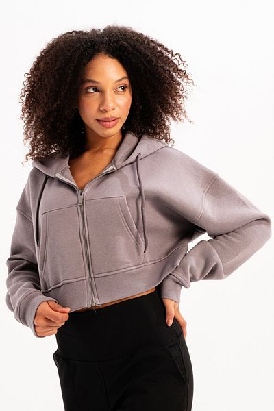 JUSTEVER Šedá dámská mikina - Kapesní rastrová mikina s kapucí Crop Hood, zipem a klokanem - Lumen