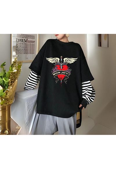 Touz Moda Bon Jovi Unisex Ψεύτικο μακρυμάνικο μπλουζάκι μαύρο
