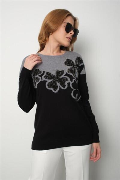 Clothes Fast Women's Gray Two-Tone Jewelled Crew Neck Knit Blouse