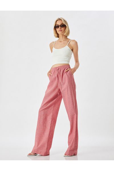 Koton High Waist and Pocket Linen Blended Wide Leg Trousers