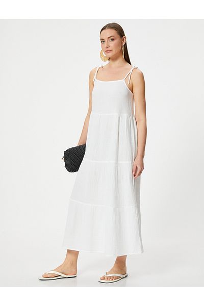Koton Langes Strandkleid aus Baumwolle mit Kordelträgern und Bindedetail