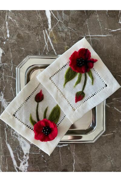Seda Home Art 2 Adet Handmade 3 Boyutlu Gelincik Keçe El Yapımı Kokteyl Peçet...