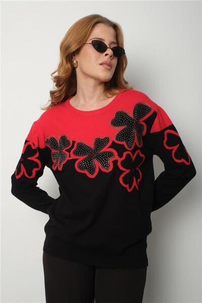 Clothes Fast Women's Red Two-Tone Jewelled Crew Neck Knit Blouse