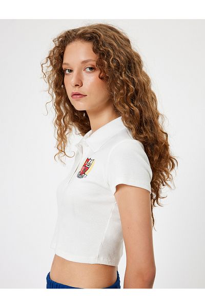 Koton College Embroidered Polo Neck Crop T-Shirt - Short Sleeve, Buttoned Slim Fit