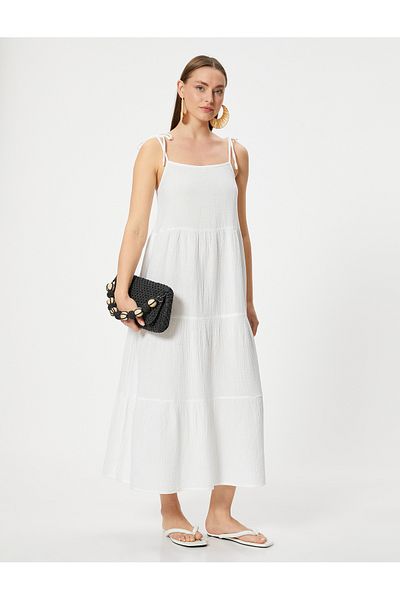 Koton Langes Strandkleid aus Baumwolle mit Kordelträgern und Bindedetail
