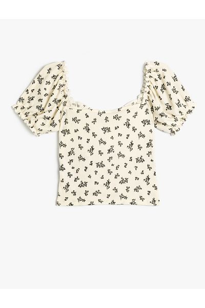 Koton U-Neck Crop Blouse - Balloon Sleeve, Wrapped Flowers and Buttons