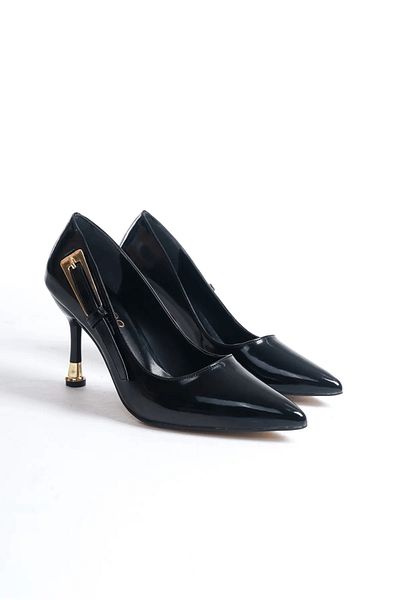 BUNİPARK Women's Side Gold Buckle Pointed Toe Comfortable Heeled Shoes