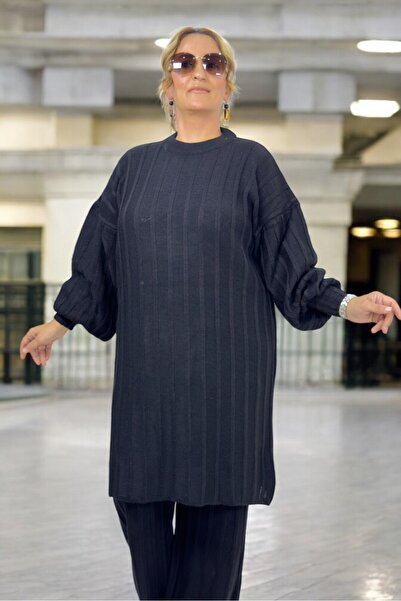 yagmurberen Low Balloon Sleeve Stripe Knitted Tunic Waist Elastic Pants Large Size Winter Knit Set