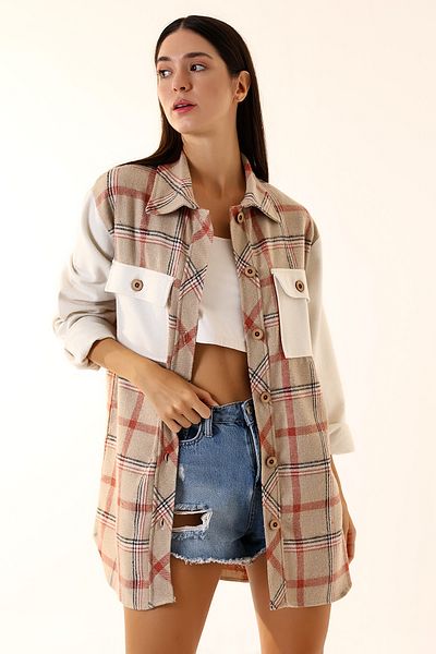 Union and Joy Дамска кафява екрю карирана риза Lumberjack Oversize