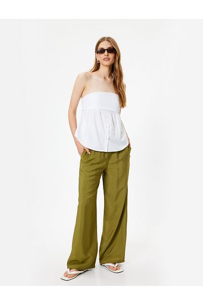 Koton Viscose Pocket Wide Leg Trousers - Elastic Waist Tie