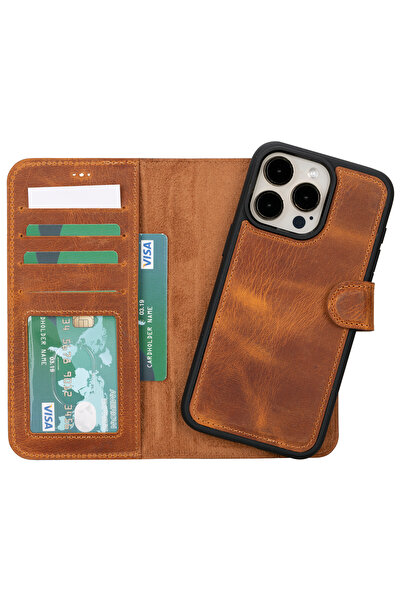 Lev Leather iPhone 16 Pro Hakiki Deri Cüzdanlı ve Kartlıklı Magsafe Uyumlu Te...
