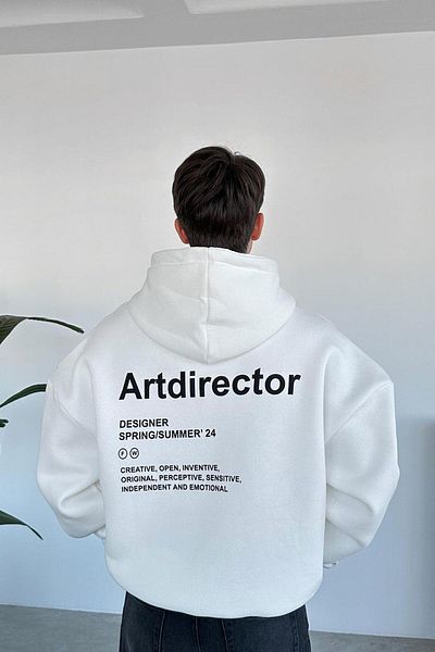 HAFKAGİYİM Φούτερ με κουκούλα Unisex White Art Director με στάμπα Oversize Loose Cut