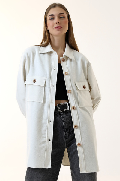 Union and Joy Women's Ecru Oversize Lumberjack Shirt