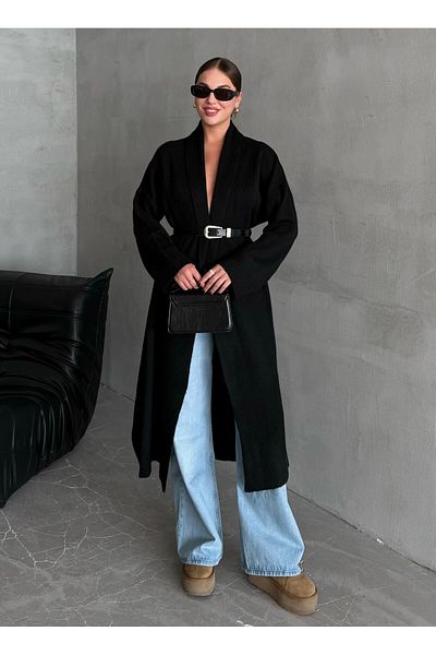 Laluvia Fekete Sahra Long Plain Cardigan-4164