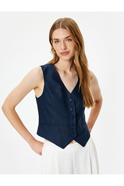 Koton Keten Yelek V Yaka Düğmeli Cepli Astarlı Slim Fit