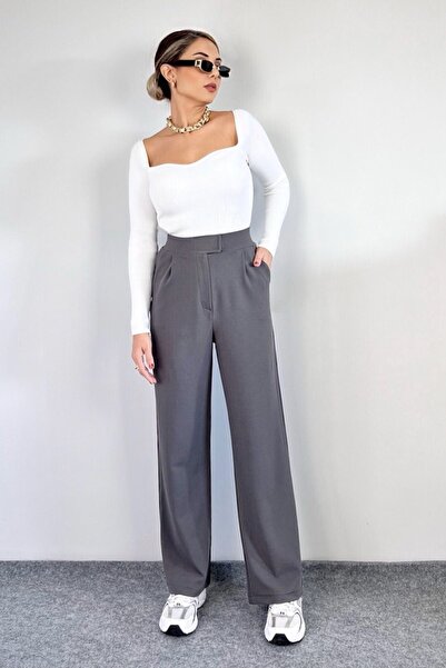 THIFF GYMWEAR Kadın Likralı Cırt Kapama Gri Geniş Paçalı Rahat Palazzo Pantolon