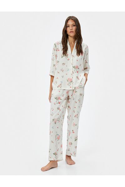 Koton Pyjamahose mit Blumenmuster, Taschen und elastischem Bund