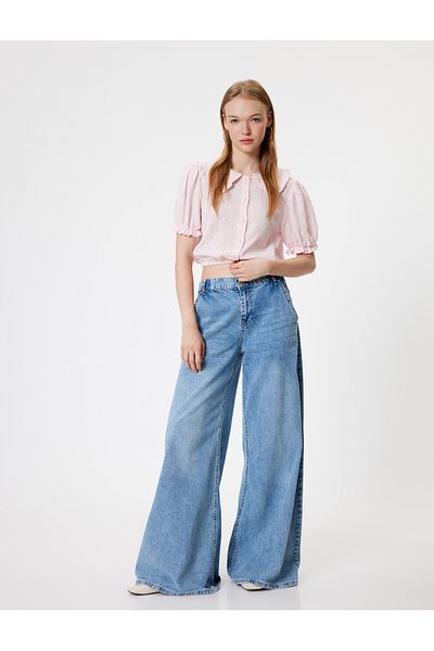 Koton Μπλούζα Cotton Crop - Μπαλόνι μανίκι, Φαρδύς γιακάς και Κουμπωτό