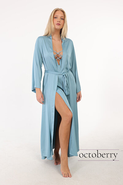 Octoberry İpeksi Saten Uzun Yırtmaçlı Sırt Detaylı Göğüs Dekolteli Lüks Gecel...