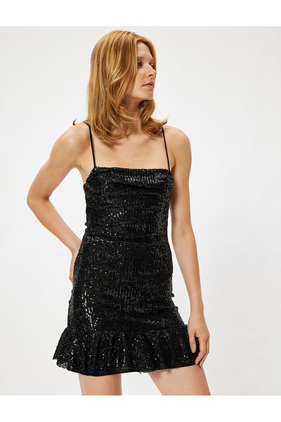 Koton Mini-Abendkleid mit Pailletten und Seilträgern – Volant