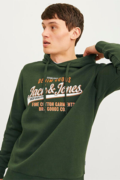 Jack & Jones Erkek Sweatshirt Koyu Haki 12255617 S Jjelogo Sweat Hood 2 Col 24/25