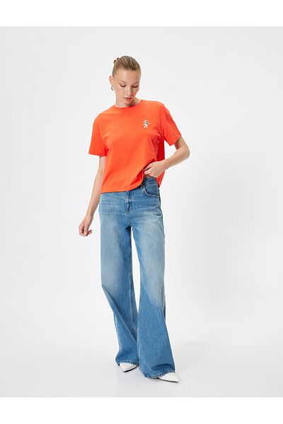 Koton Crew Neck Embroidered Cotton Short Sleeve T-Shirt