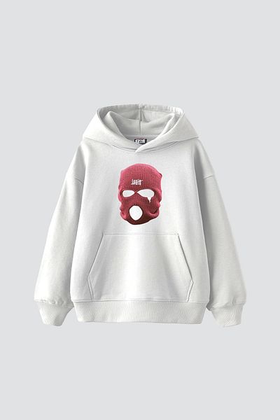 Sekizbiraltı Ροζ μάσκα με στάμπα Oversize Unisex Premium Λευκό Hoodie