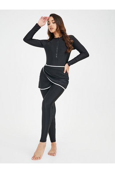Styli Pack of 3 - Solid Zip Up Top, Contrast Edge Wrap Skirt & Leggings Burkini