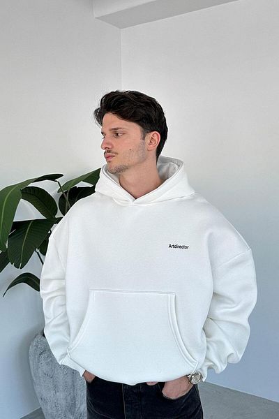 HAFKAGİYİM Φούτερ με κουκούλα Unisex White Art Director με στάμπα Oversize Loose Cut