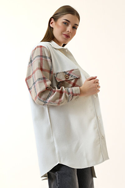 Union and Joy Kadın Ekru Kahve Ekose Oversize Oduncu Gömlek