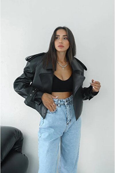 bymaestro woman Kadın Crop Vatkalı Geniş Kesim Deri Ceket