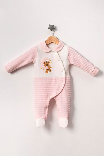 TRENDİMİZBİR Pink Baby Girl Embroidered Bear Jumpsuit