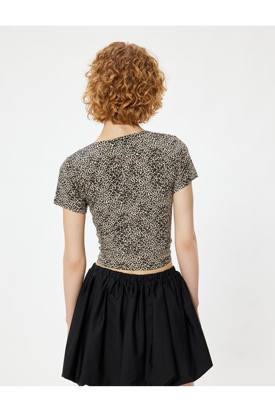 Koton Short Sleeve T-Shirt Bow Leopard Print Slim Fit Square Neck