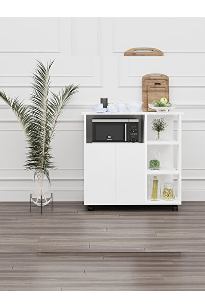 moka park avm 2 Kapaklı 3 Raflı Tekerlekli Mikrodalga Fırın Dolabı Çok Amaçlı Dolap