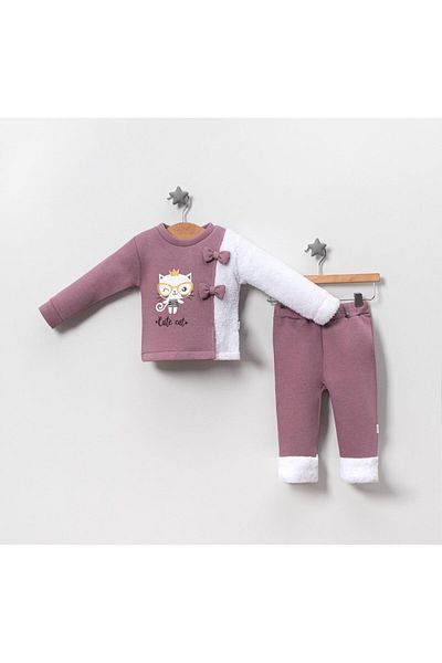 TRENDİMİZBİR Baby Girl Crowned Cute Cat Double Set - Dried Rose