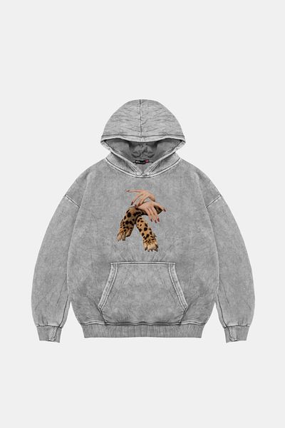 Sekizbiraltı Leopard Hand Printed Oversize Unisex Premium Washed White Hoodie