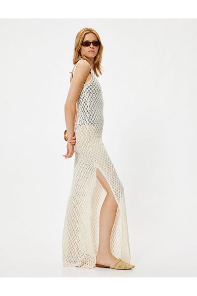 Koton Gehäkeltes Strandkleid – lang, ärmellos, Rundhalsausschnitt und Schlitzdetail
