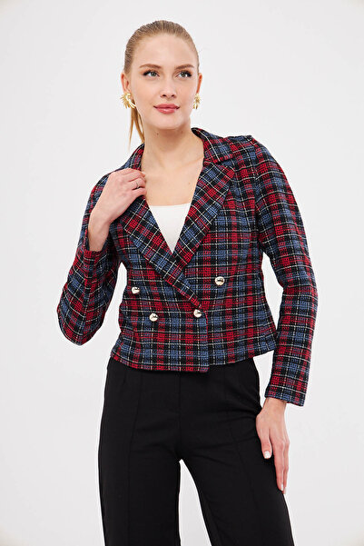 armonika Women's Red Navy Blue Double Breasted Collar Tweed Crop Jacket ARM-24K001014