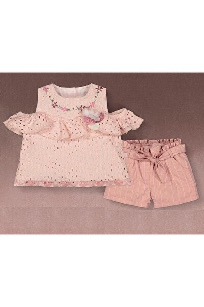 Minora Girl's Floral Embroidered Blouse-Shorts Set Pink