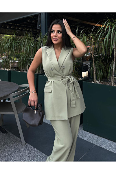pembekurdelem Khaki Women's Vest and Trousers Set - Belted